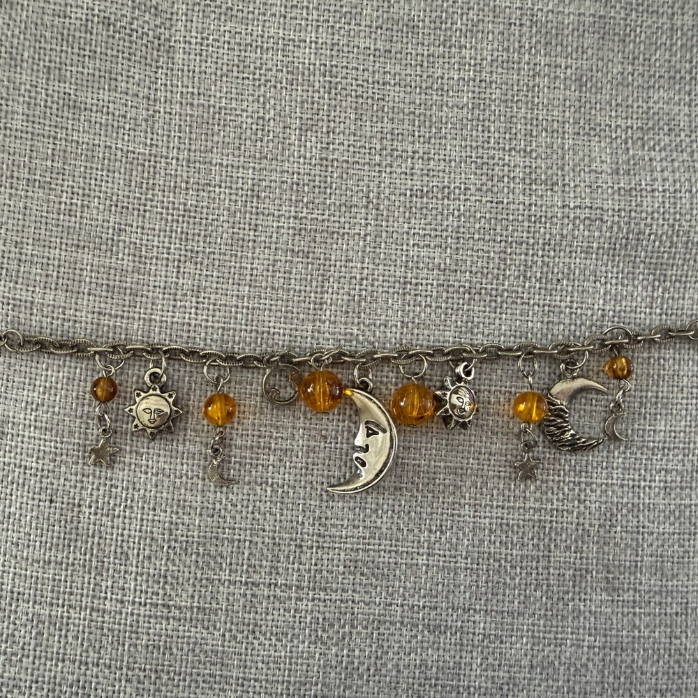 Celestial Charm Bracelet Moon & Sun Amber Beads Silver Tone Boho